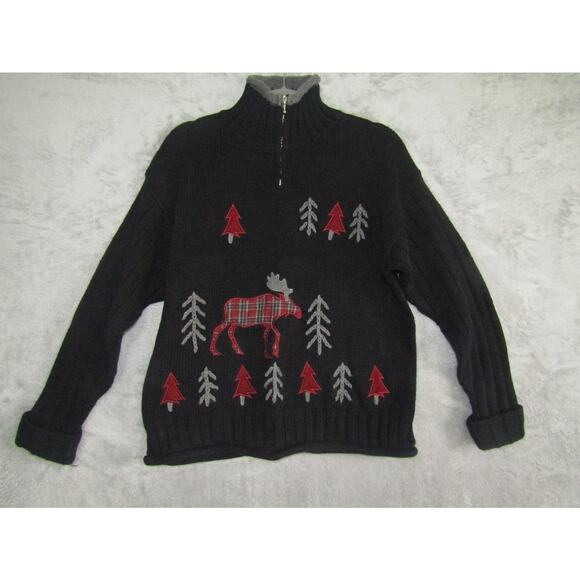 Vtg Timberlea Moose Christmas Sweater Trees Plaid Applique Knit Black Zip M - Picture 1 of 7